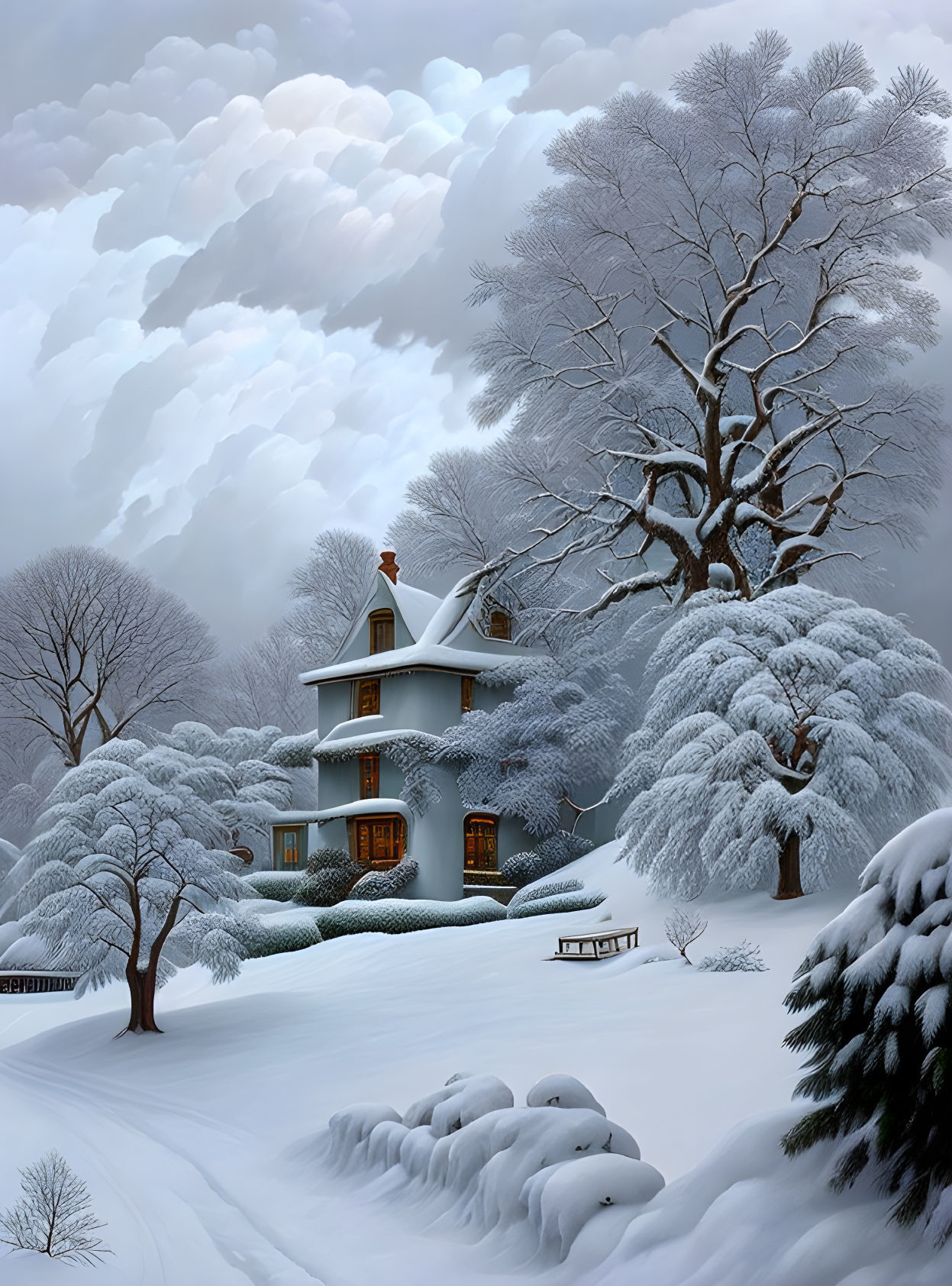 Tranquil Winter Landscape with Cozy House and Snowy Trees