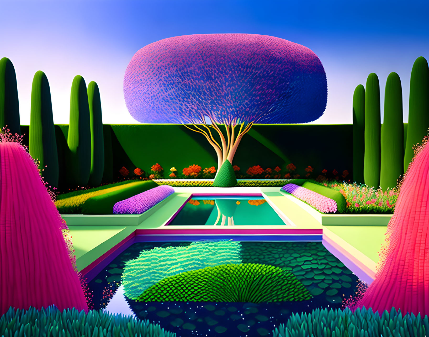 Symmetrical garden digital art: purple tree, geometric hedges, central pond.