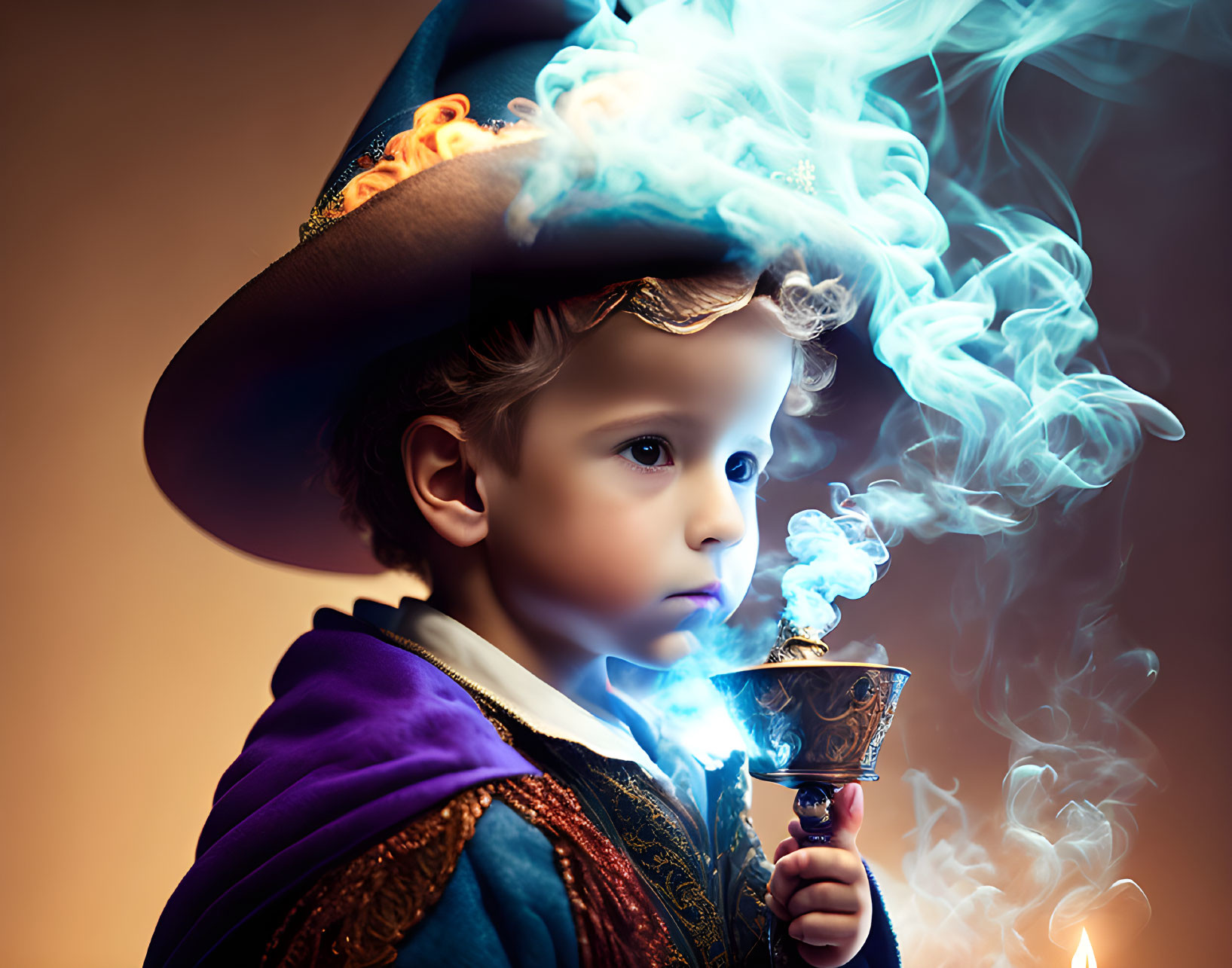 Child in wizard costume with magical cup emitting blue smoke on amber backdrop