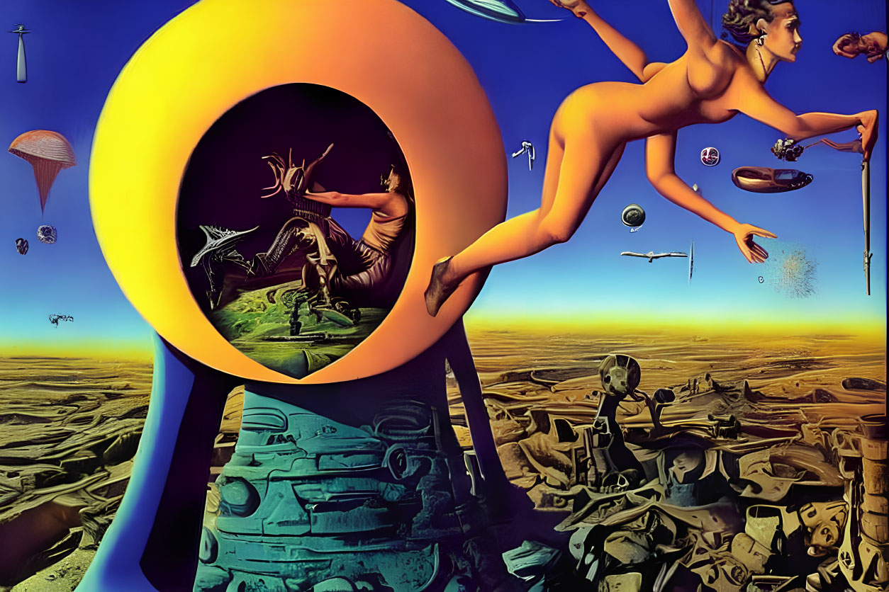 Surreal landscape with floating objects, giant, and person above desert