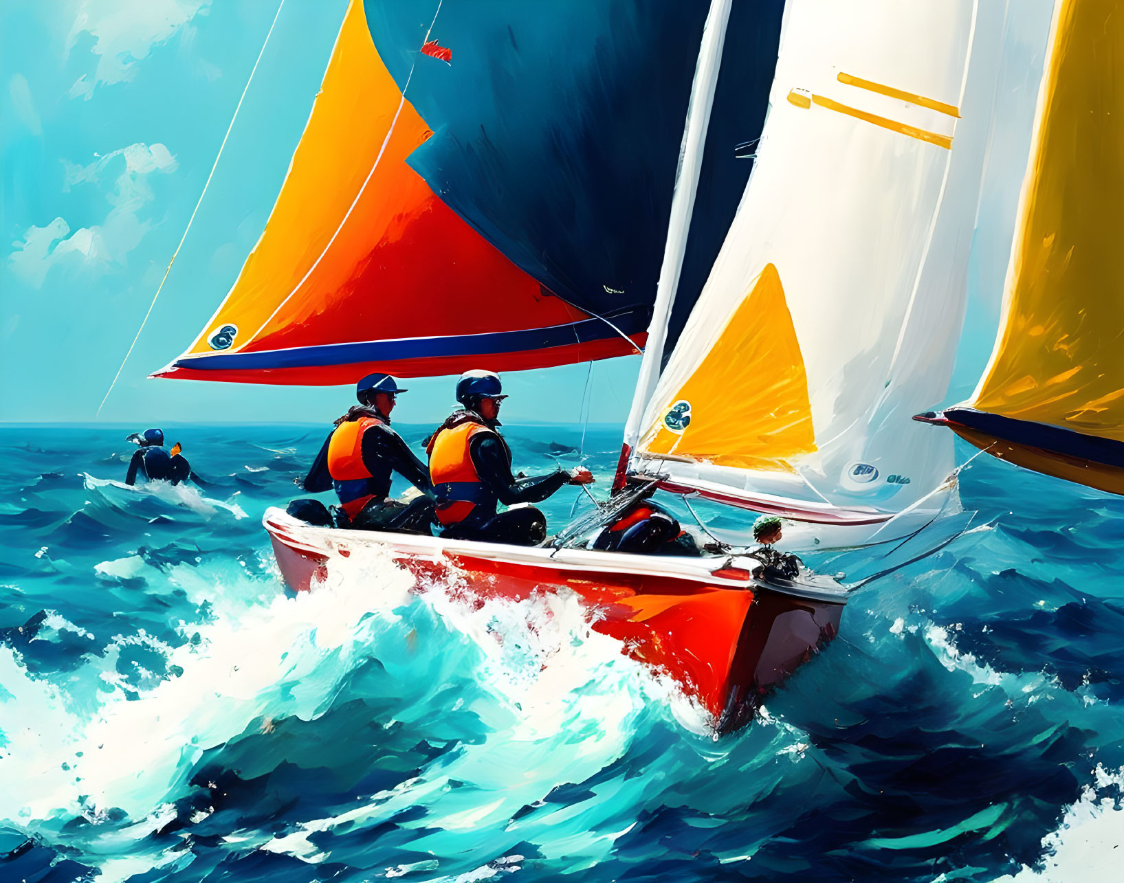 Sailors in small sailboat with colorful sails navigating choppy blue waters