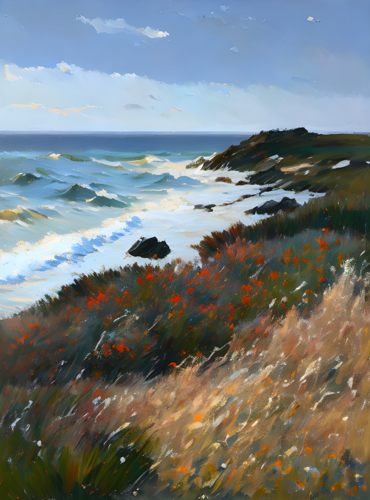 Tranquil coastal scene with wildflowers, crashing waves, rocky shore, and blue sky.