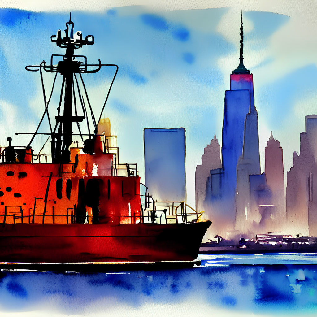 Red boat and NYC skyline watercolor painting with Empire State Building