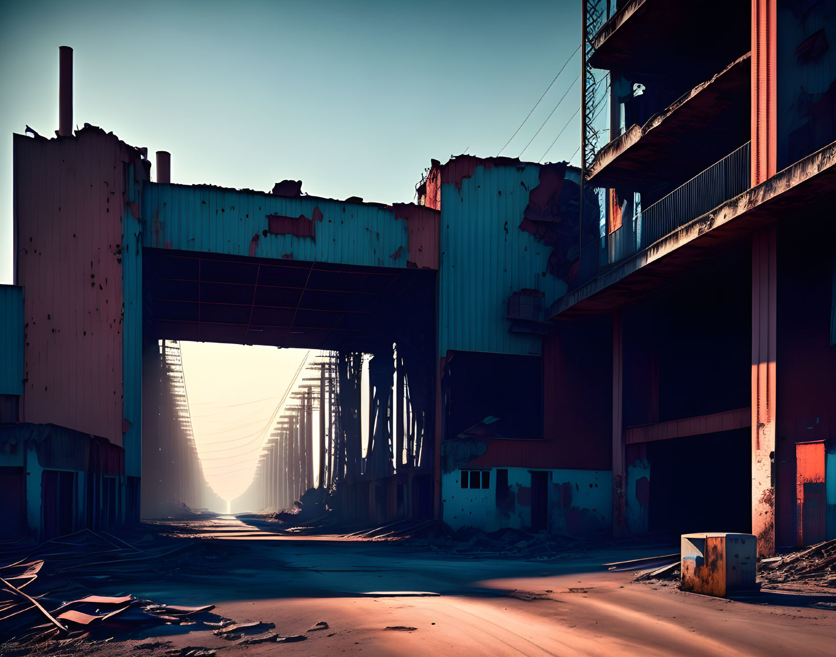 Abandoned industrial building with sunlight and debris