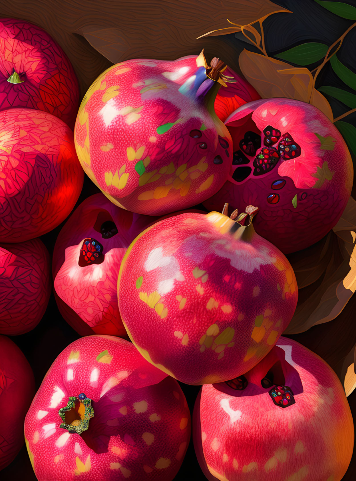 Colorful digital art: Realistic pomegranates with ladybugs on dark background