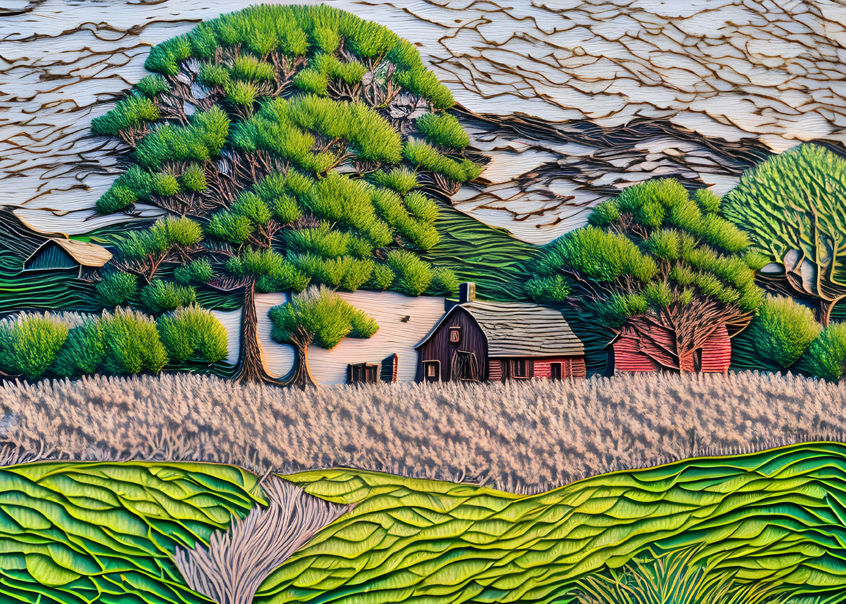 Stylized rural scene with barn, trees, and textured fields