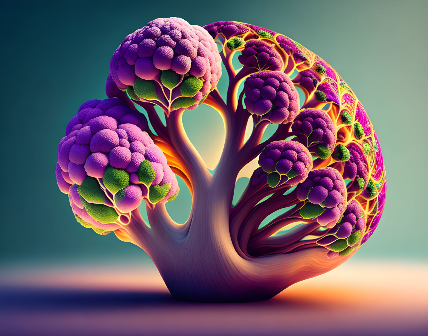 Colorful Tree Artwork with Broccoli-Like Canopy on Gradient Background