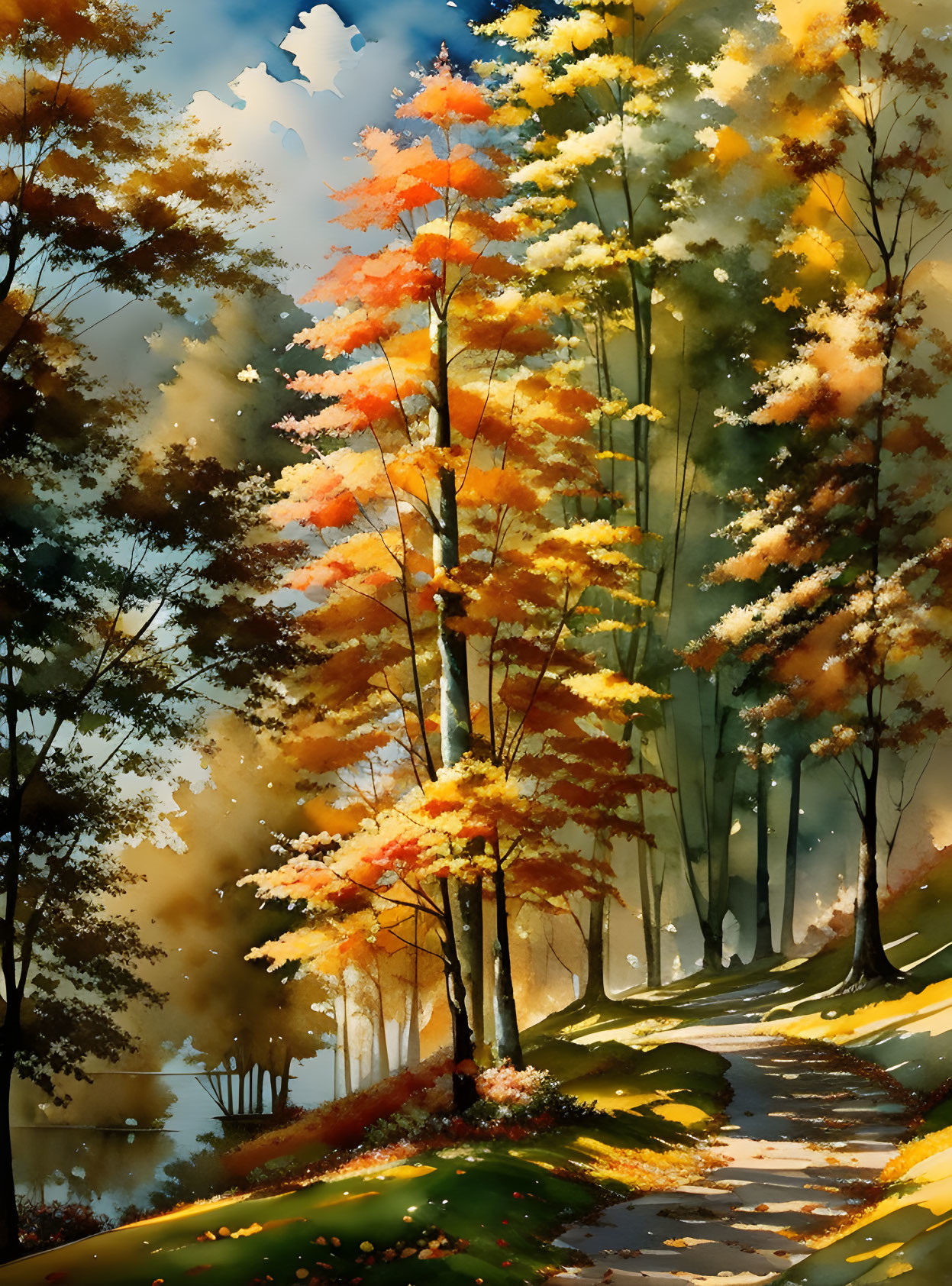 Vibrant autumn scene with orange and yellow leaves, winding path, and soft sunlight in misty