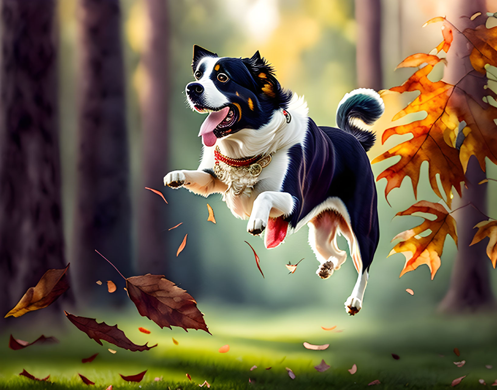 Black and white dog with bandana leaping in sunlit forest with autumn leaves.