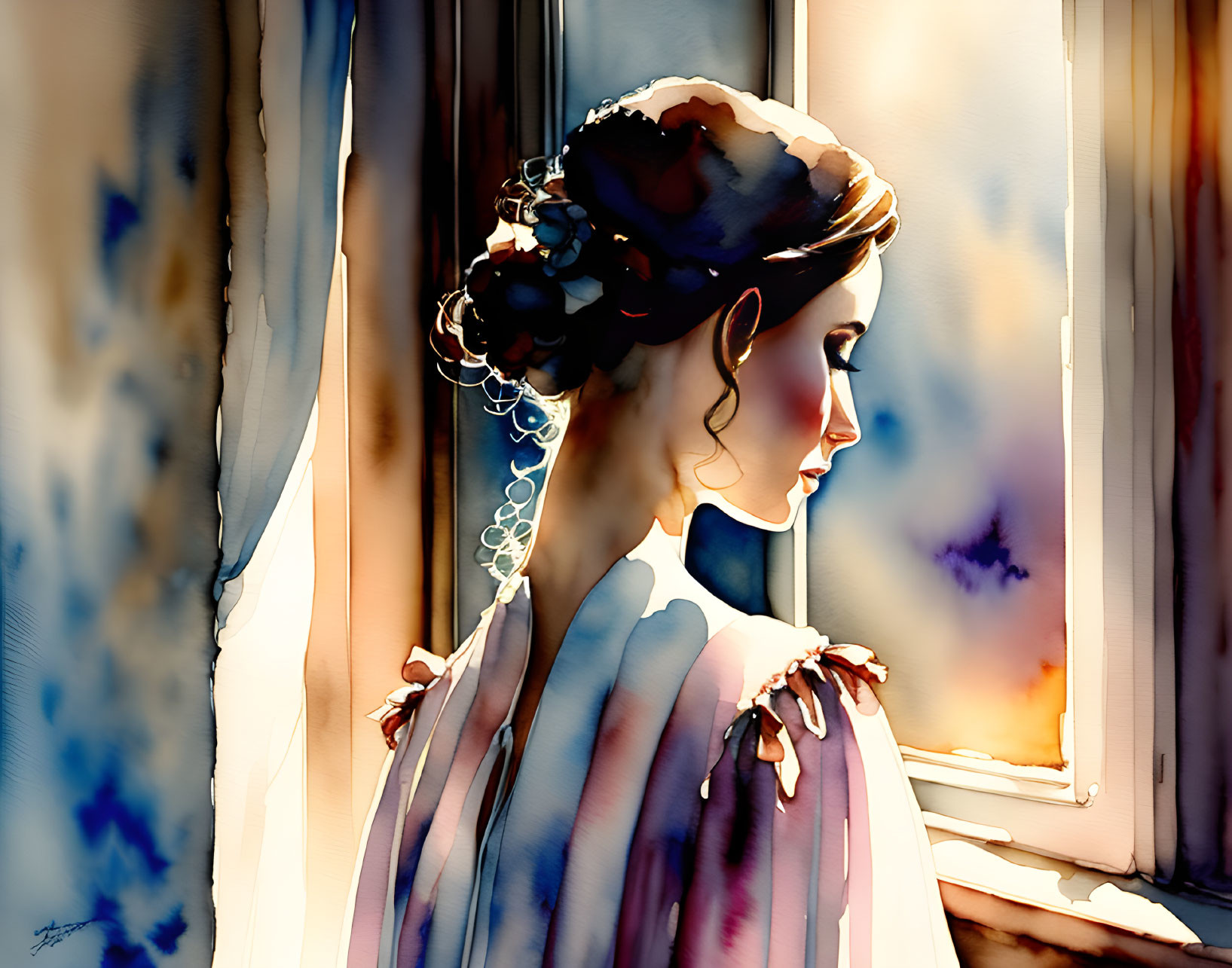 Stylized watercolor painting of woman in profile with shadows and highlights