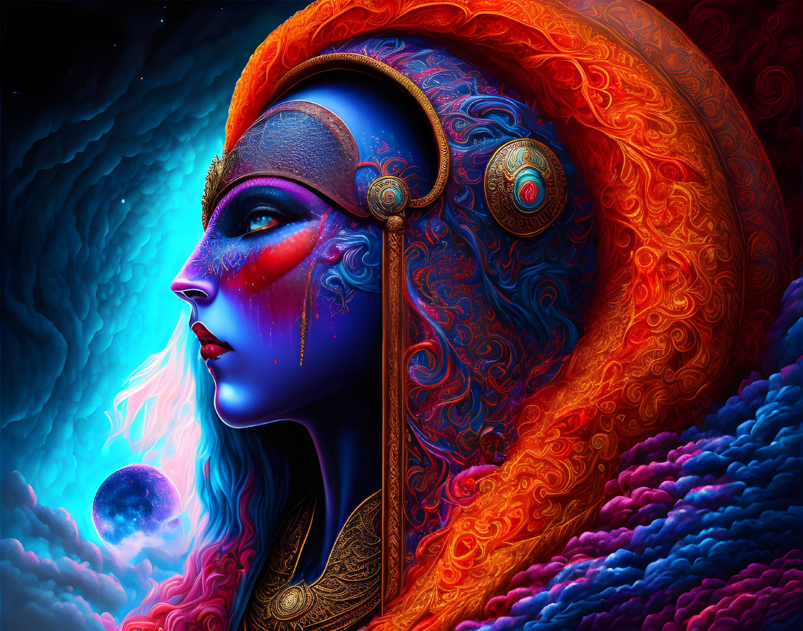 Colorful digital artwork of female figure with ornate headgear merging with cosmic background.