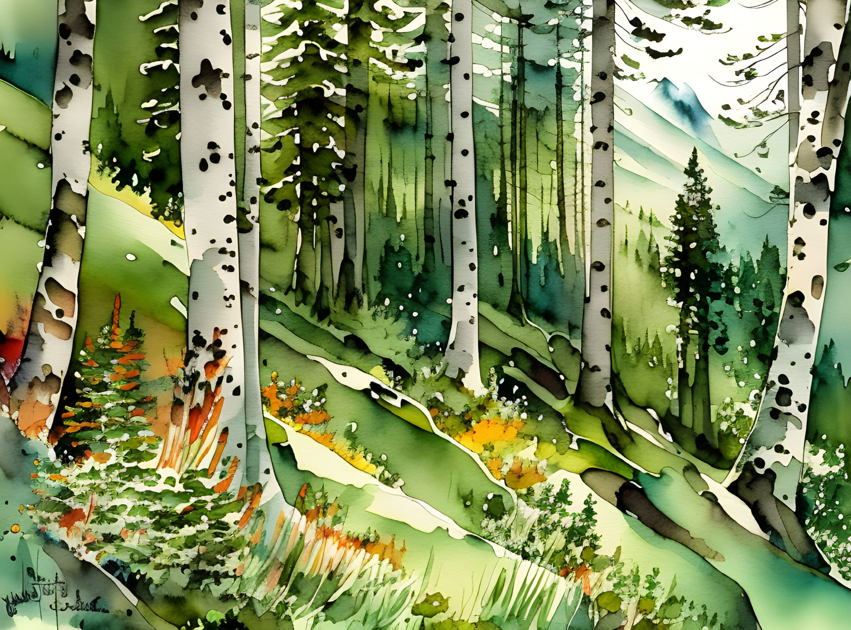 Birch Forest Watercolor Painting with Greenery and Mountains