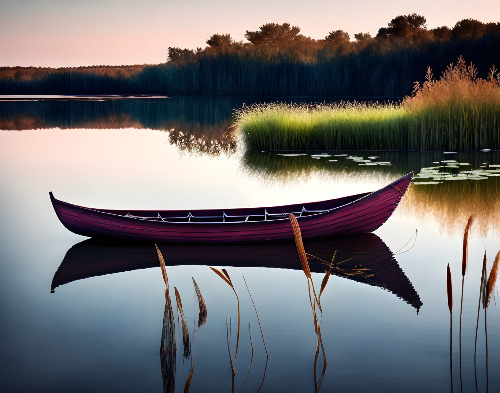 Tranquil Sunset Lake Scene with Purple Canoe