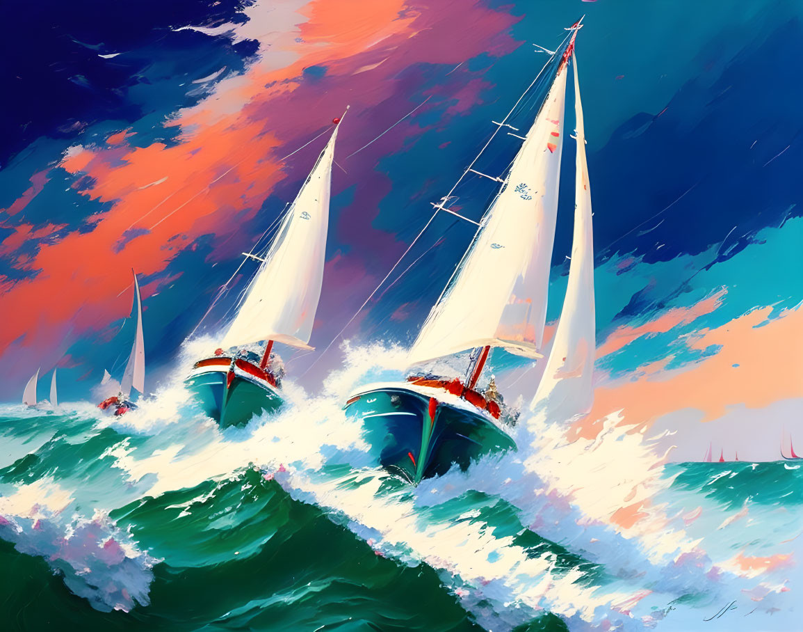 Sailboats racing on choppy seas at vibrant sunset