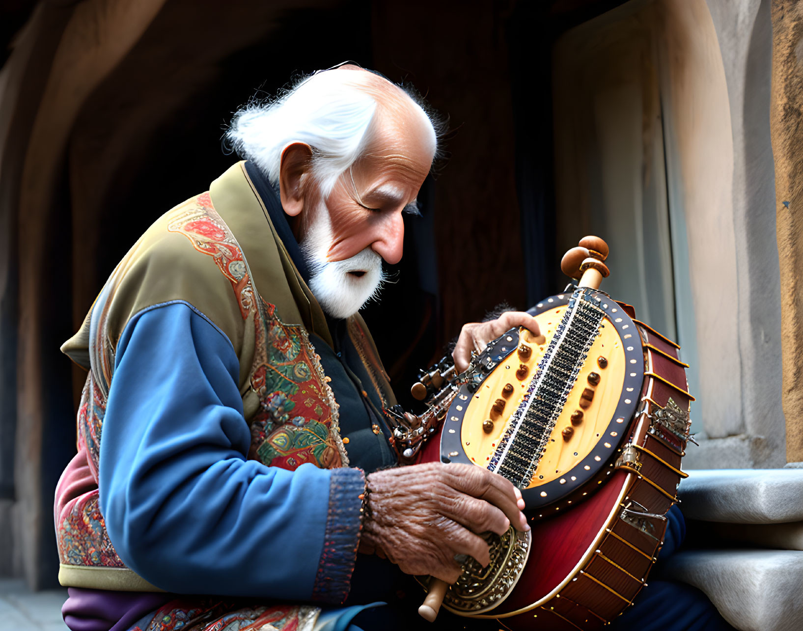 Elderly man playing hurdy-gurdy in colorful attire