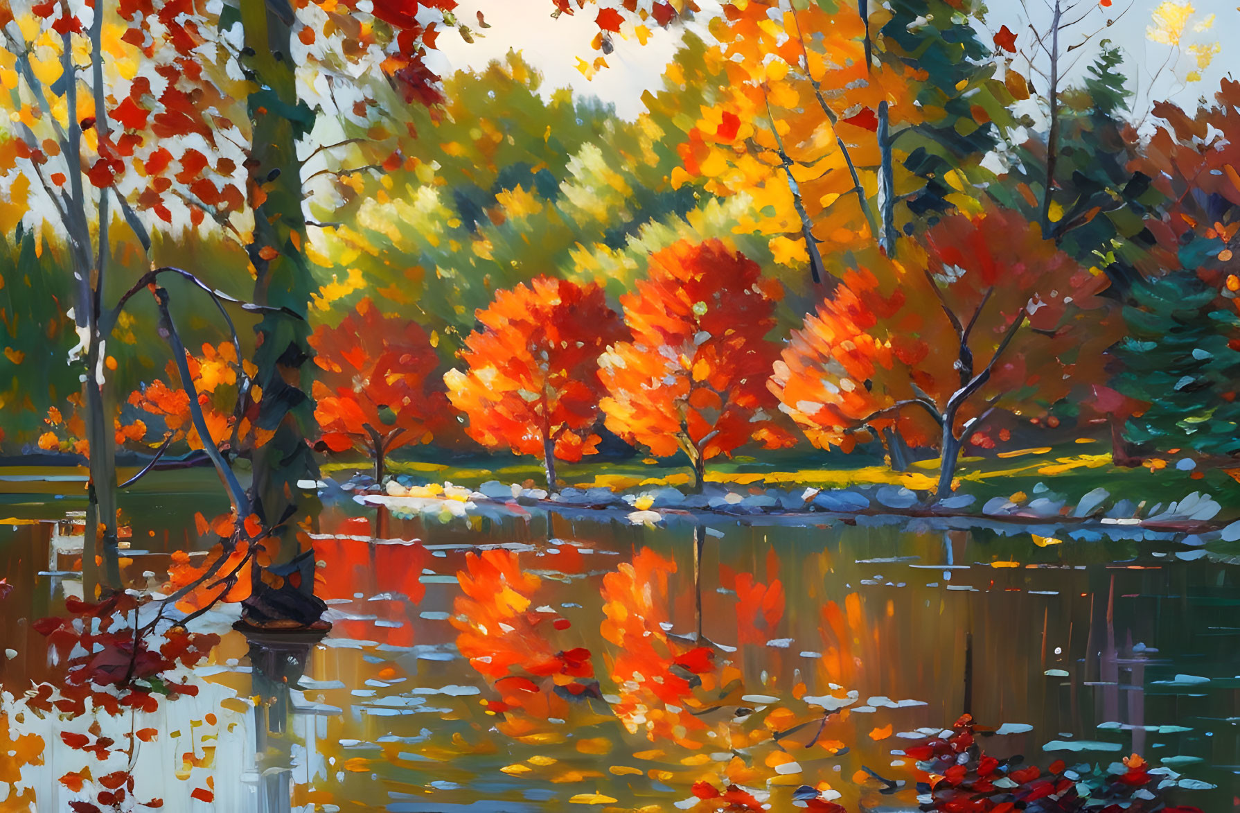 Tranquil autumn lake with vividly colored trees