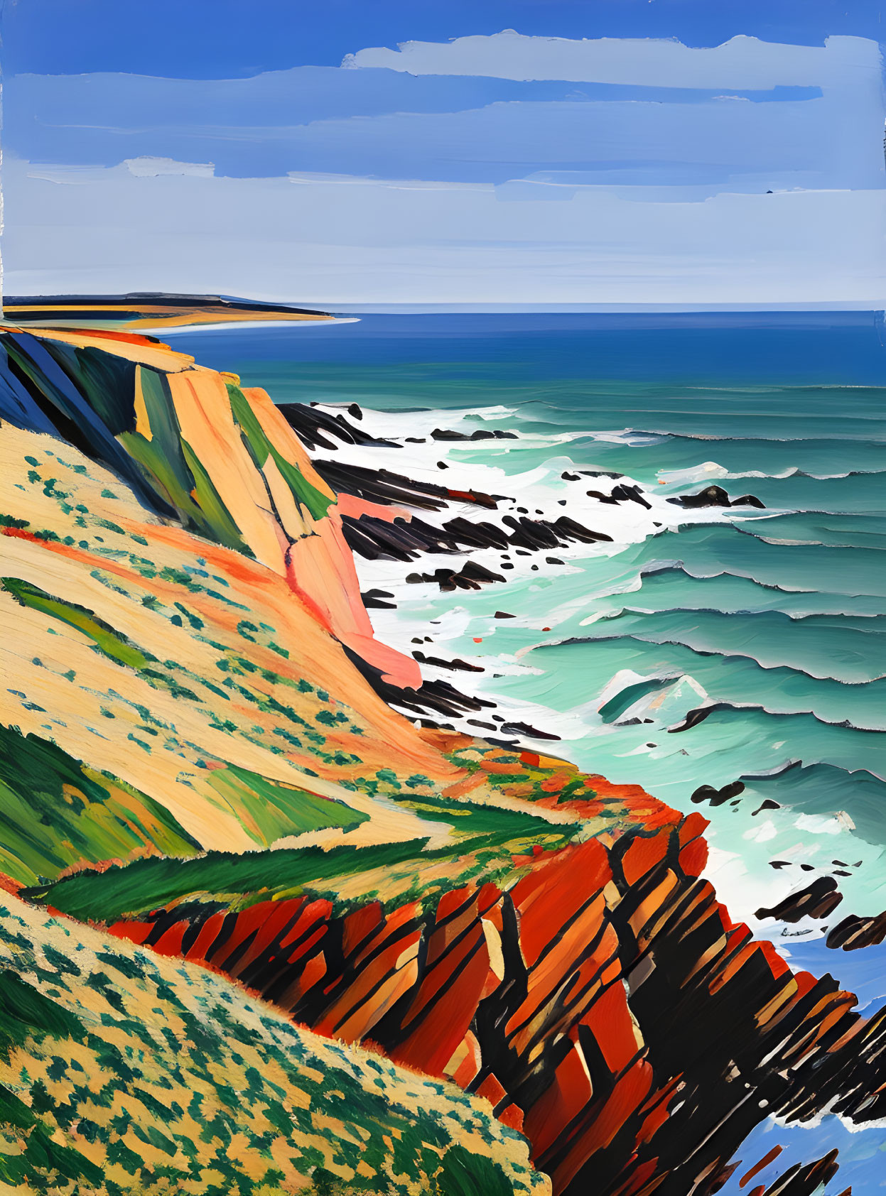 Colorful coastal scene with cliffs, greenery, blue sea, and clear sky