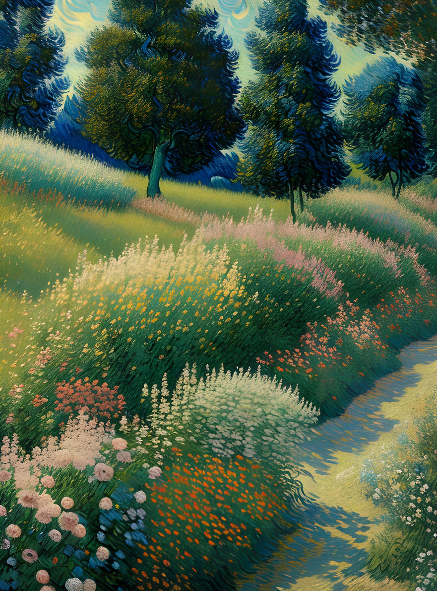 Colorful painting of lush meadow with blooming flowers and swirling sky