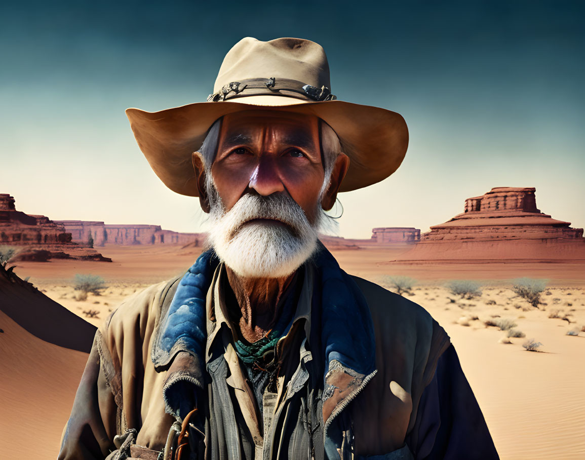 Elderly man in wide-brimmed hat stands in desert with mesa structures