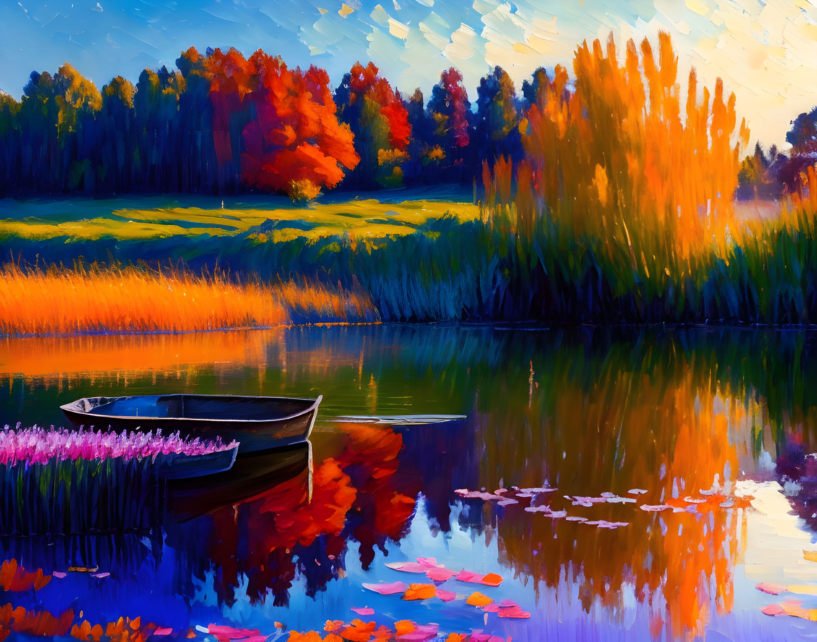 Colorful Impressionistic Painting of Reflective Lake and Autumn Trees