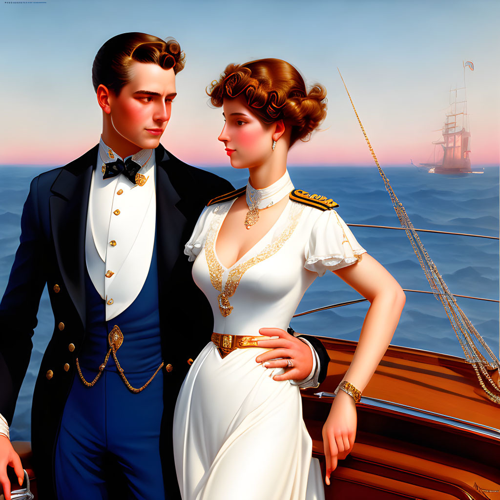 Stylish Couple on Boat: Man in Navy Suit, Woman in White Dress with Gold Accents