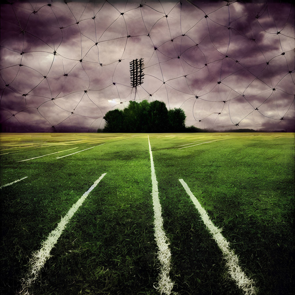 Soccer field with white boundary lines under dramatic cloudy sky