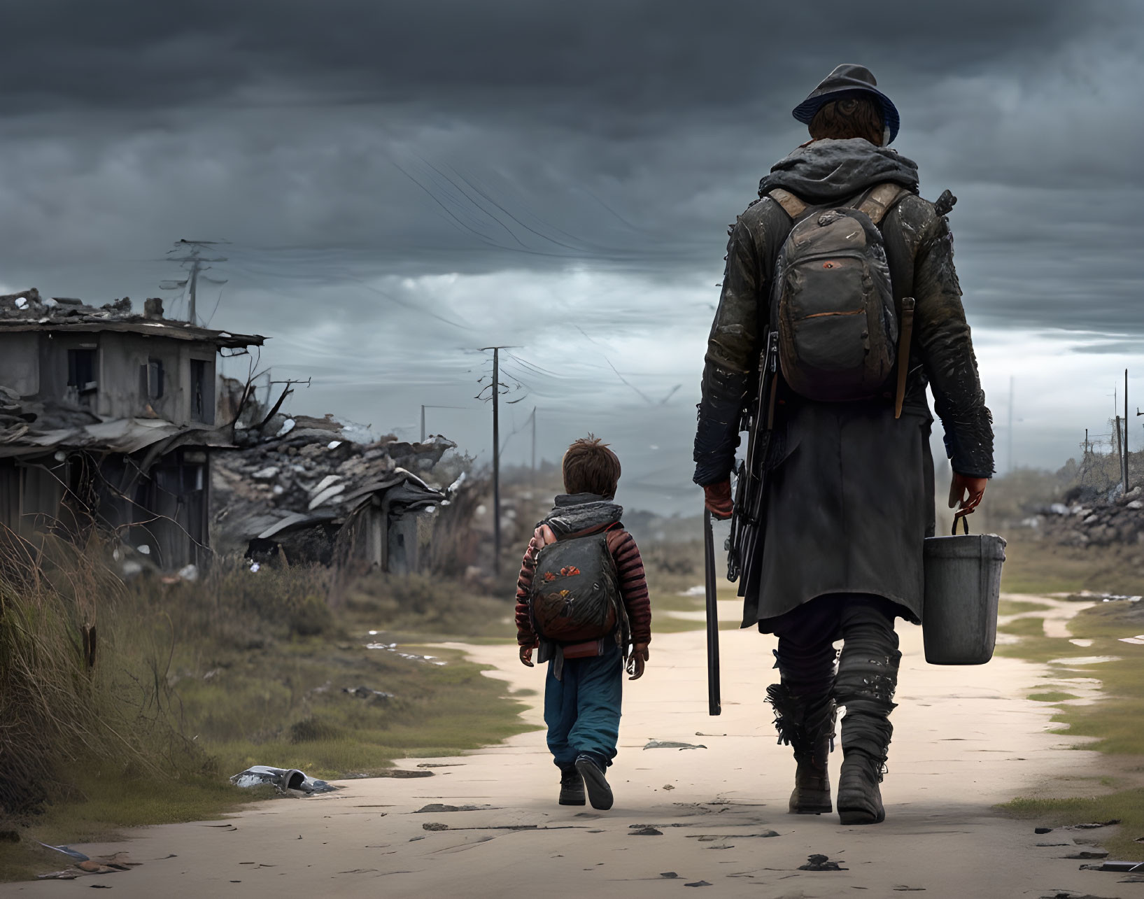 Parent and child navigate war-torn landscape with supplies in post-apocalyptic scene