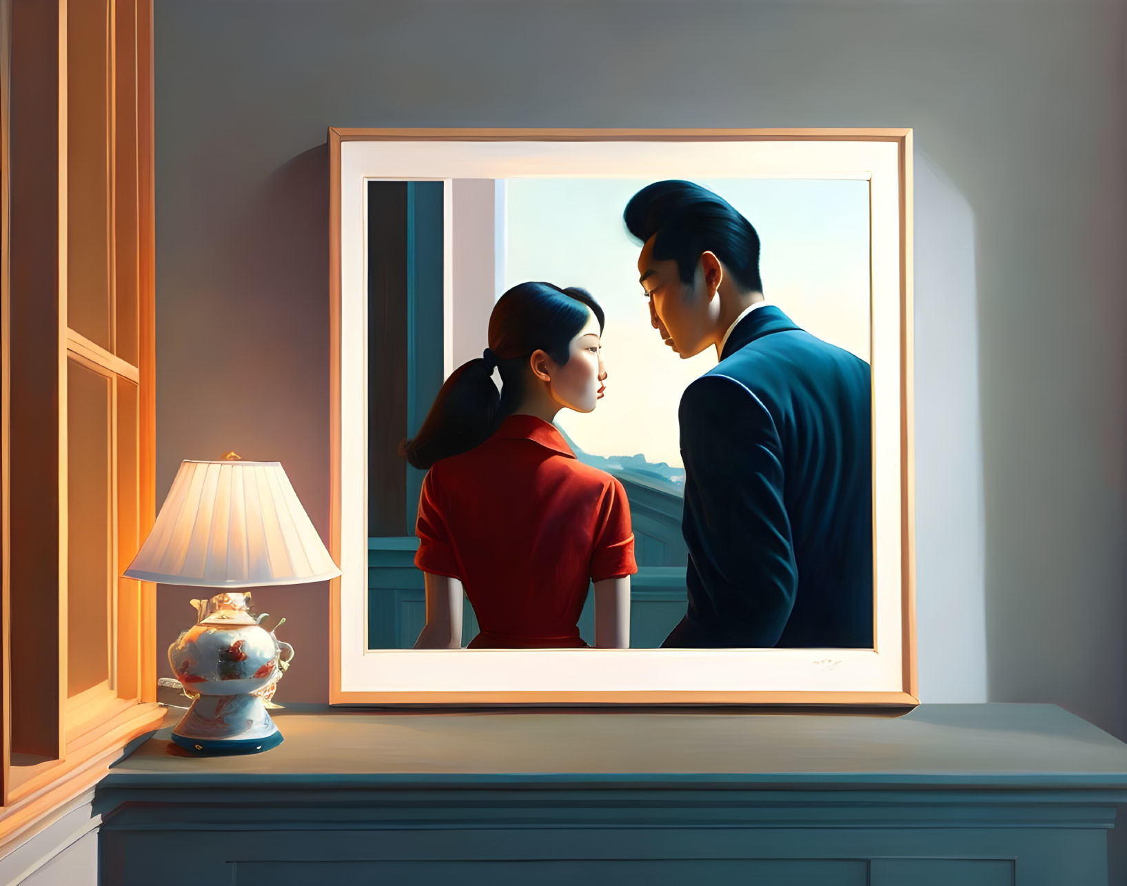 Man and woman profile painting with lamp and vase against window backdrop.