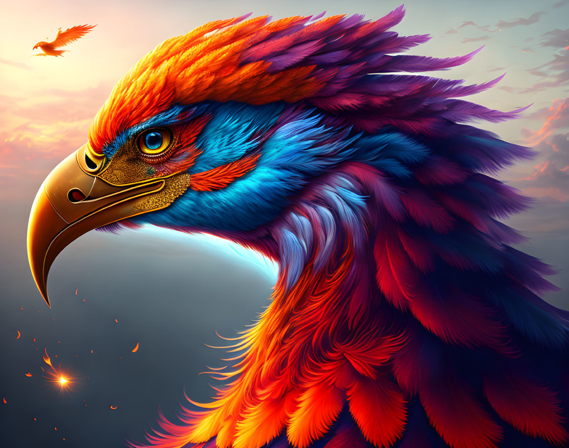 Vibrant fantasy eagle with fiery feathers in sunset sky