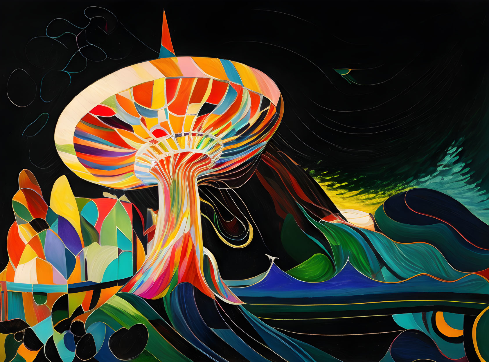 Colorful Abstract Painting of Rainbow Jellyfish on Black Background