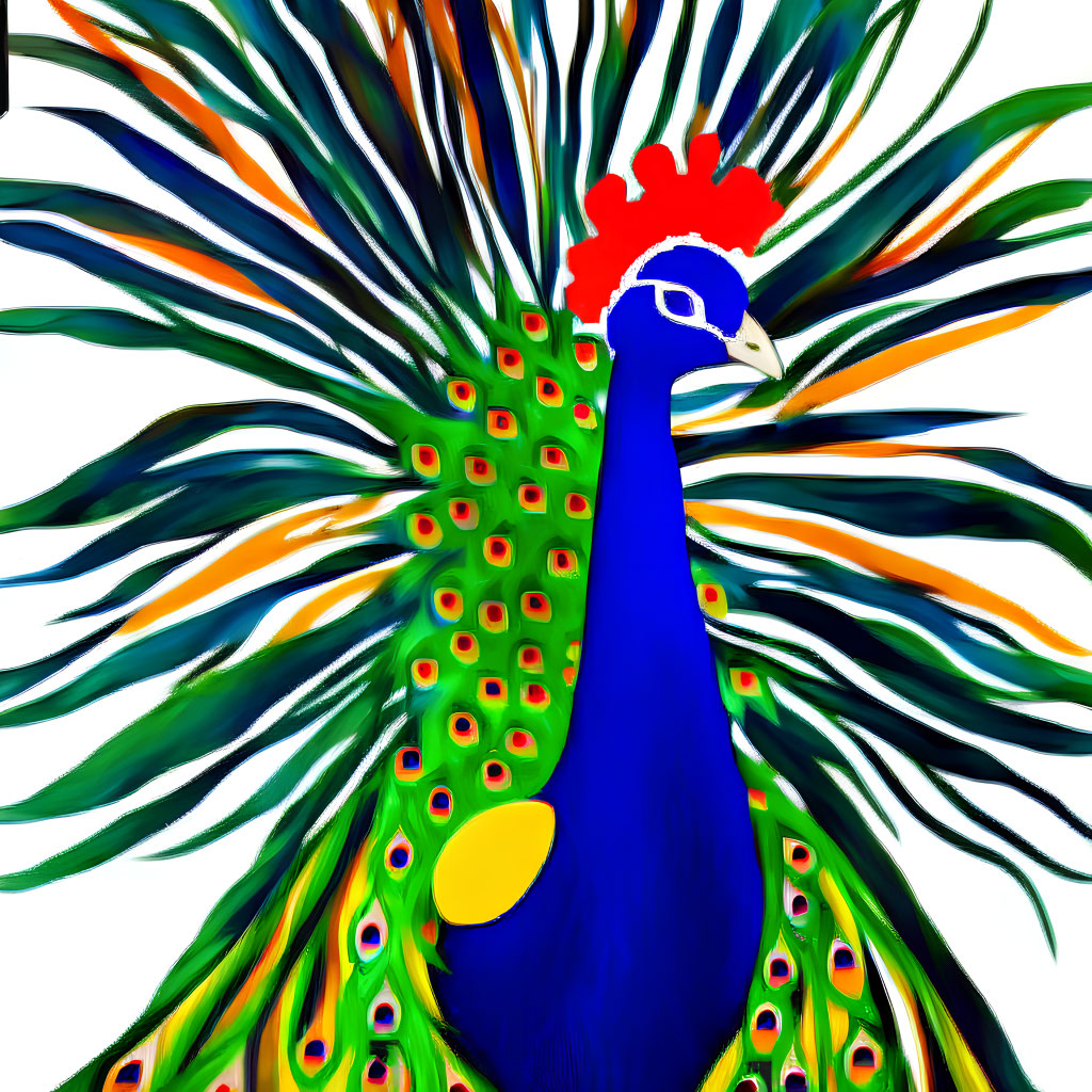 Colorful Peacock Illustration with Vibrant Plumage and Red Crest