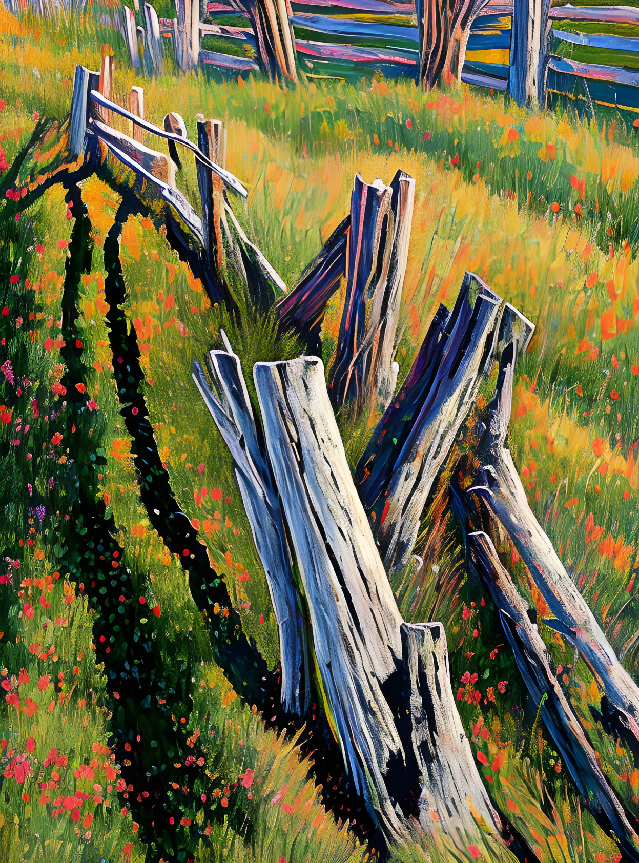 Colorful painting of rustic wooden fence in meadow