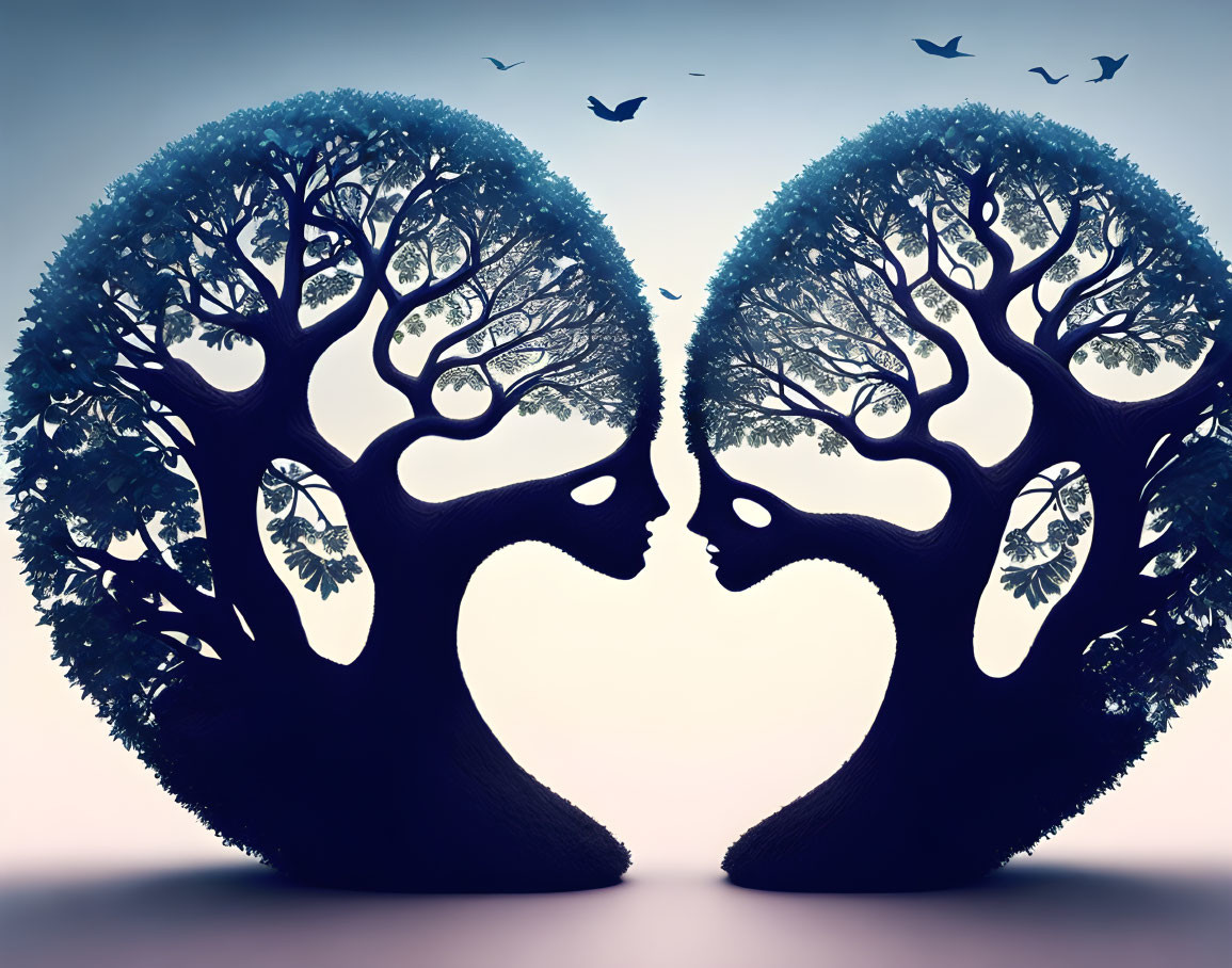 Silhouettes of two tree profiles resemble facing human heads on gradient background with flying birds