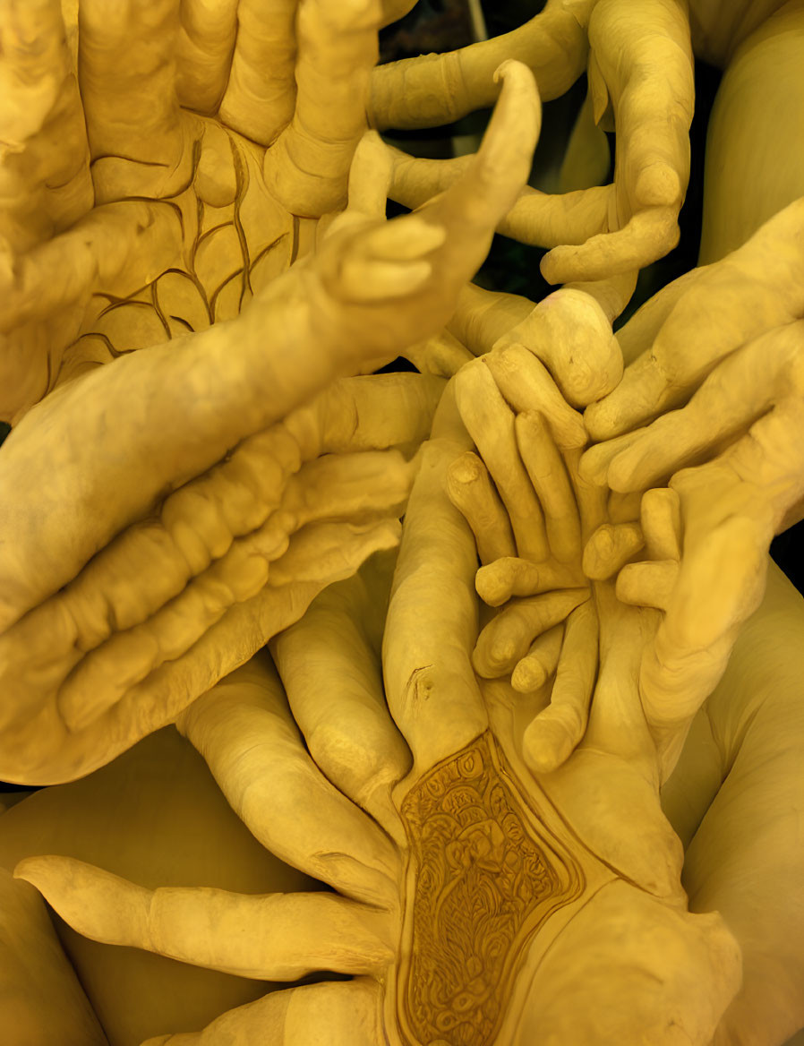 Intricately designed golden hands arranged in a patterned cluster