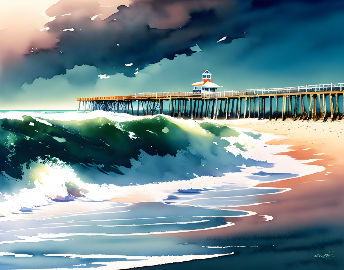 Scenic beach illustration with lighthouse, crashing waves, and dramatic sky