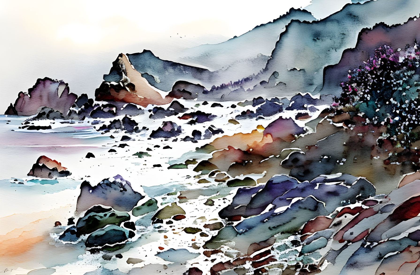 Rocky beach watercolor painting with crashing waves and purple flora.