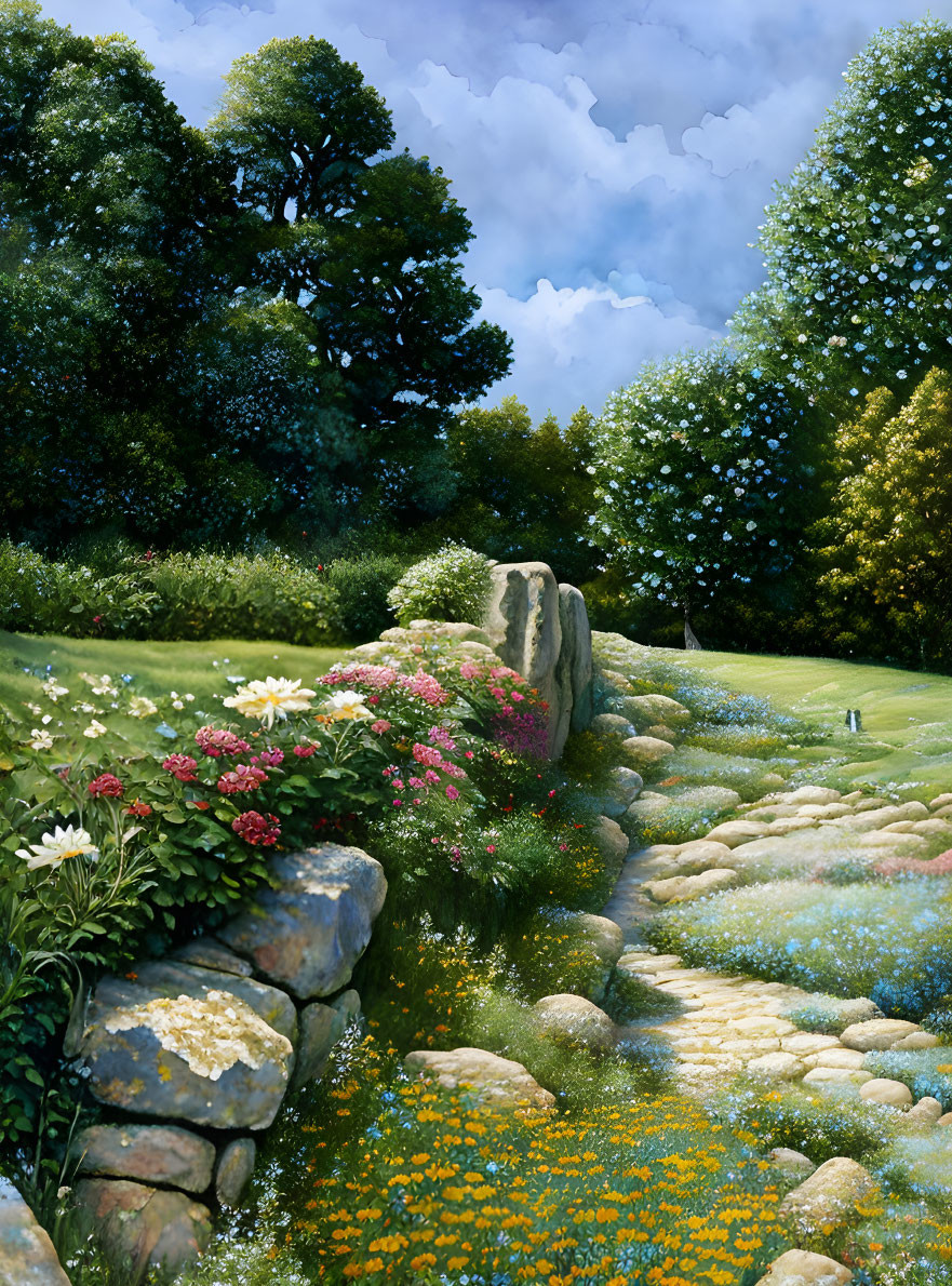 Scenic garden path with flowering plants, stones, green tree, and blue sky