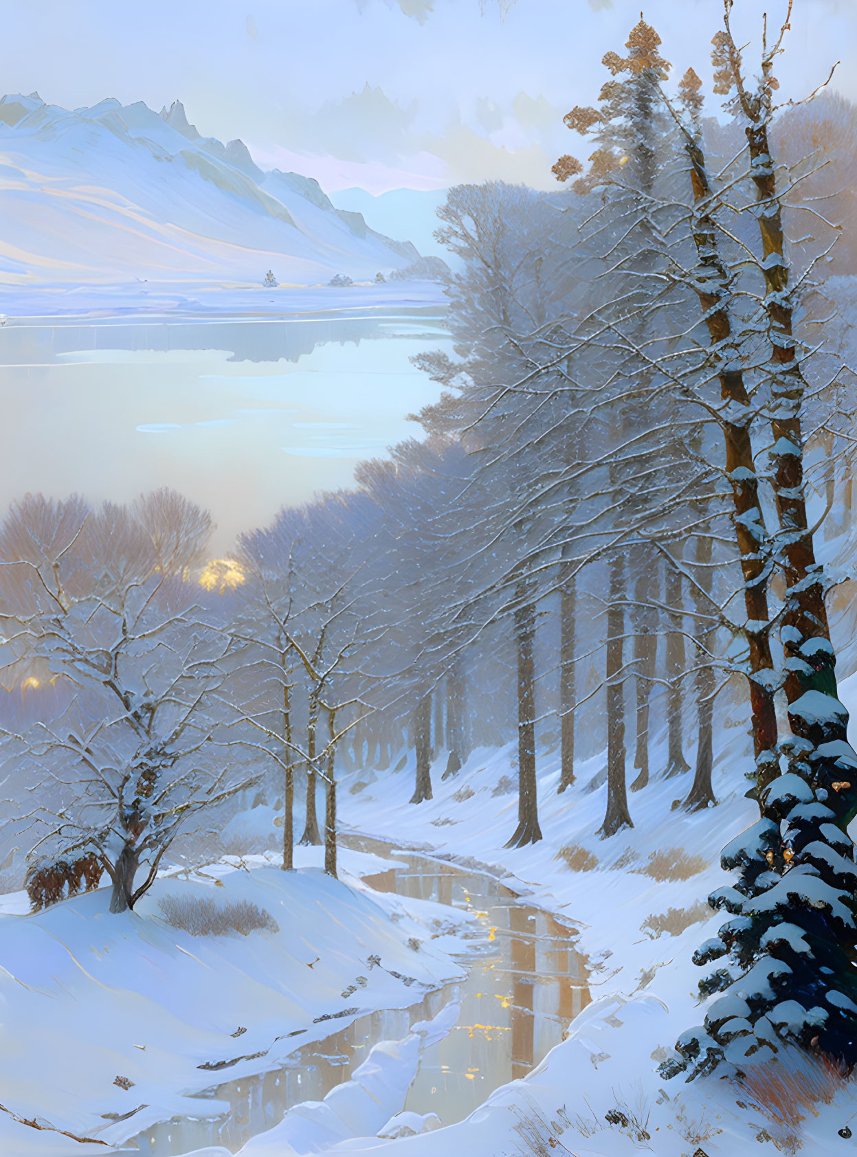 Snow-covered forest with stream and sunrise backdrop