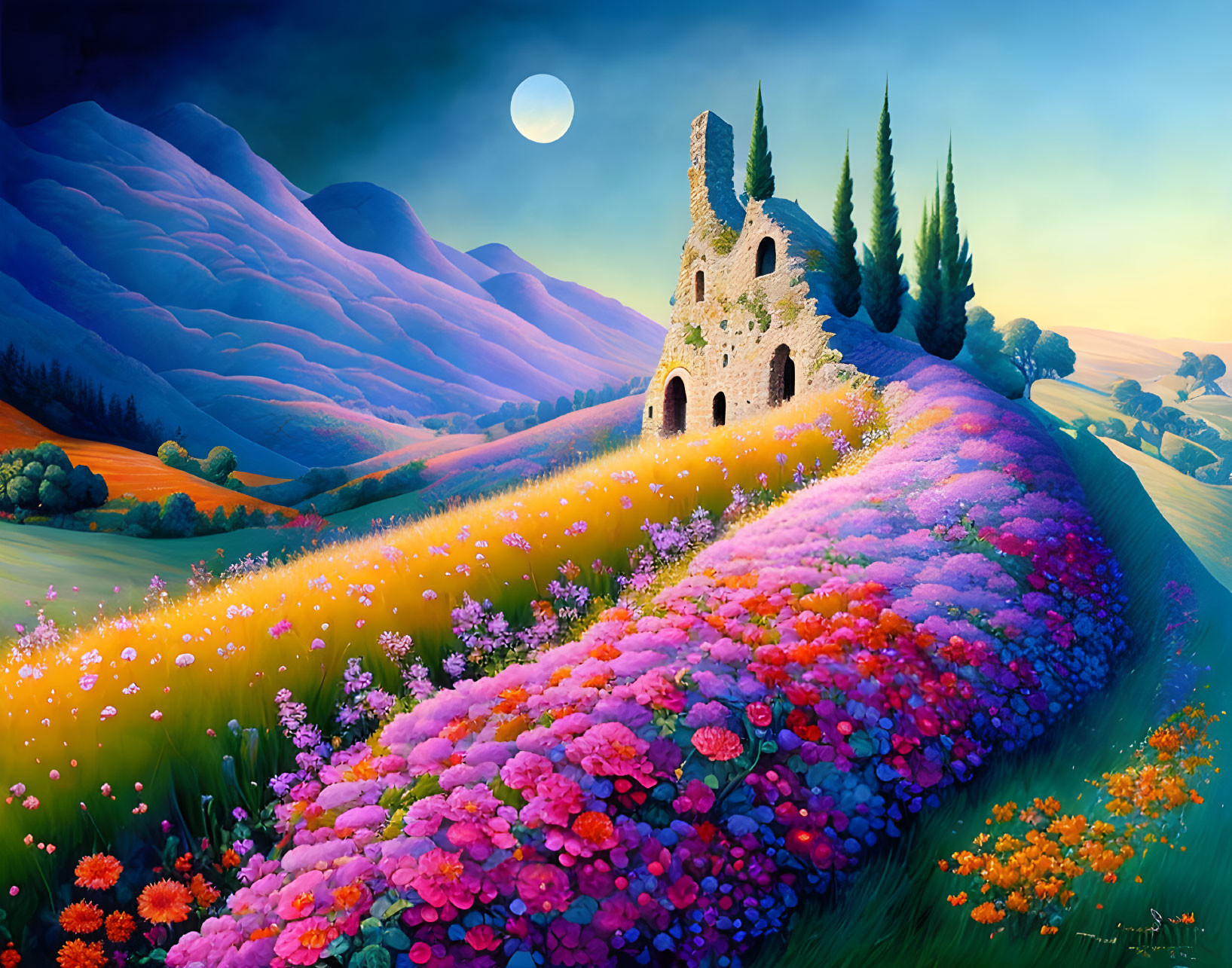 Colorful Flower Field Painting with Moonlit Ruin in Twilight