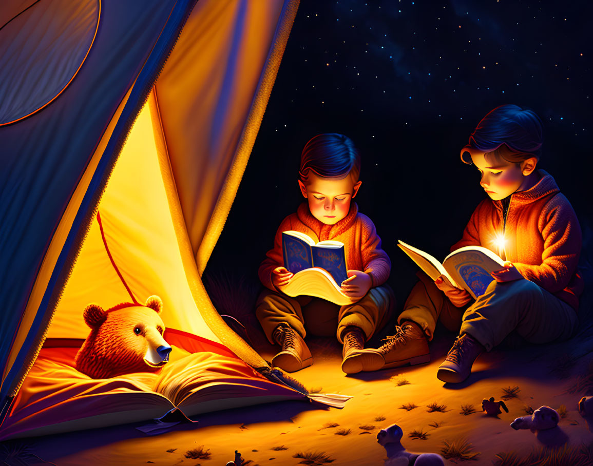 Children reading books in tent with bear cub under starry sky