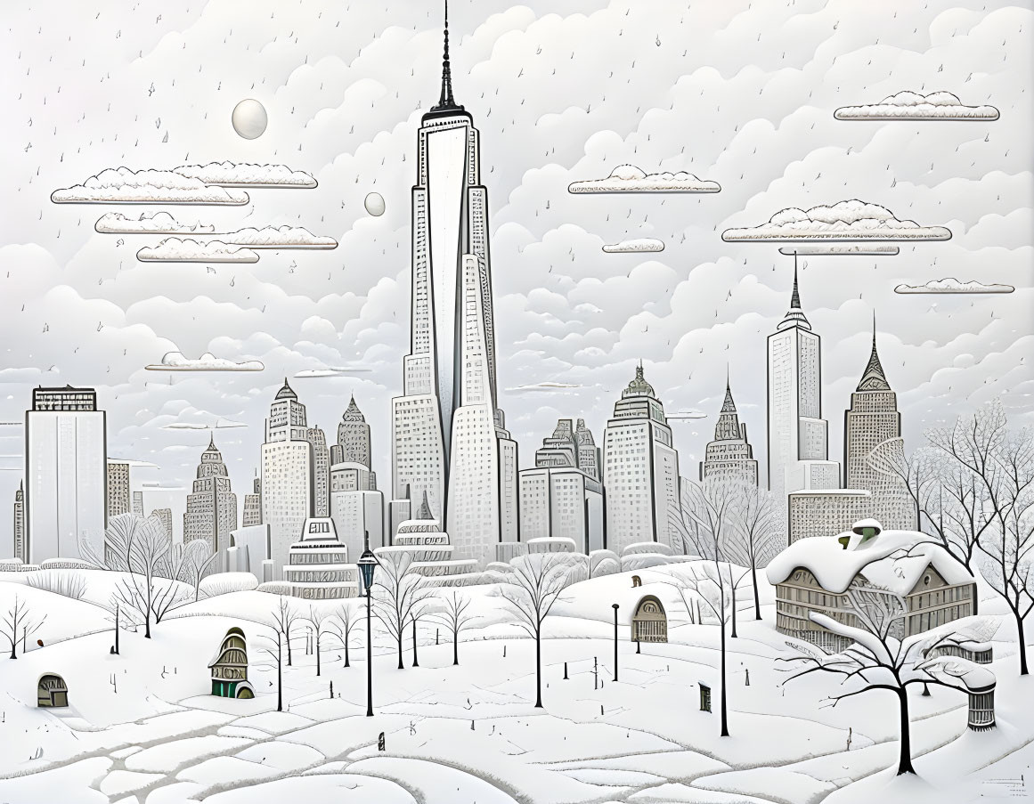 Snow-covered cityscape with iconic buildings in black and white.