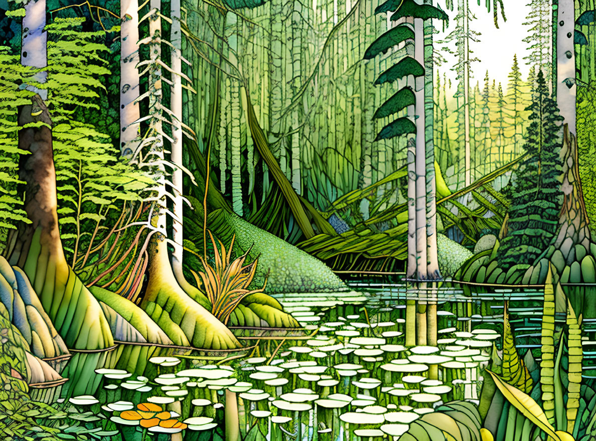 Detailed Illustration of Lush Birch Tree Forest with Ferns and Lily Pad Pond