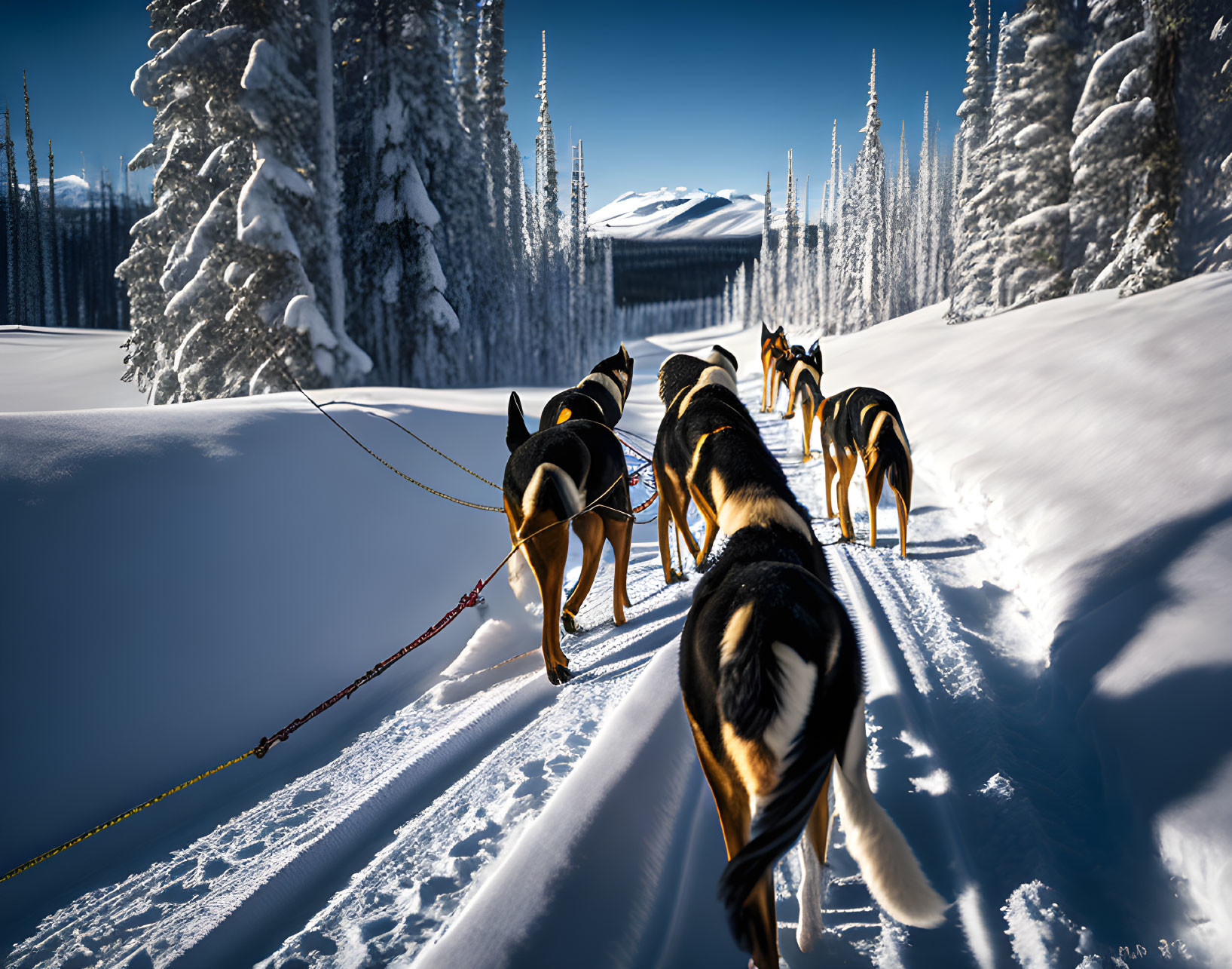 Sled dogs racing through snowy trail with pine trees under blue sky