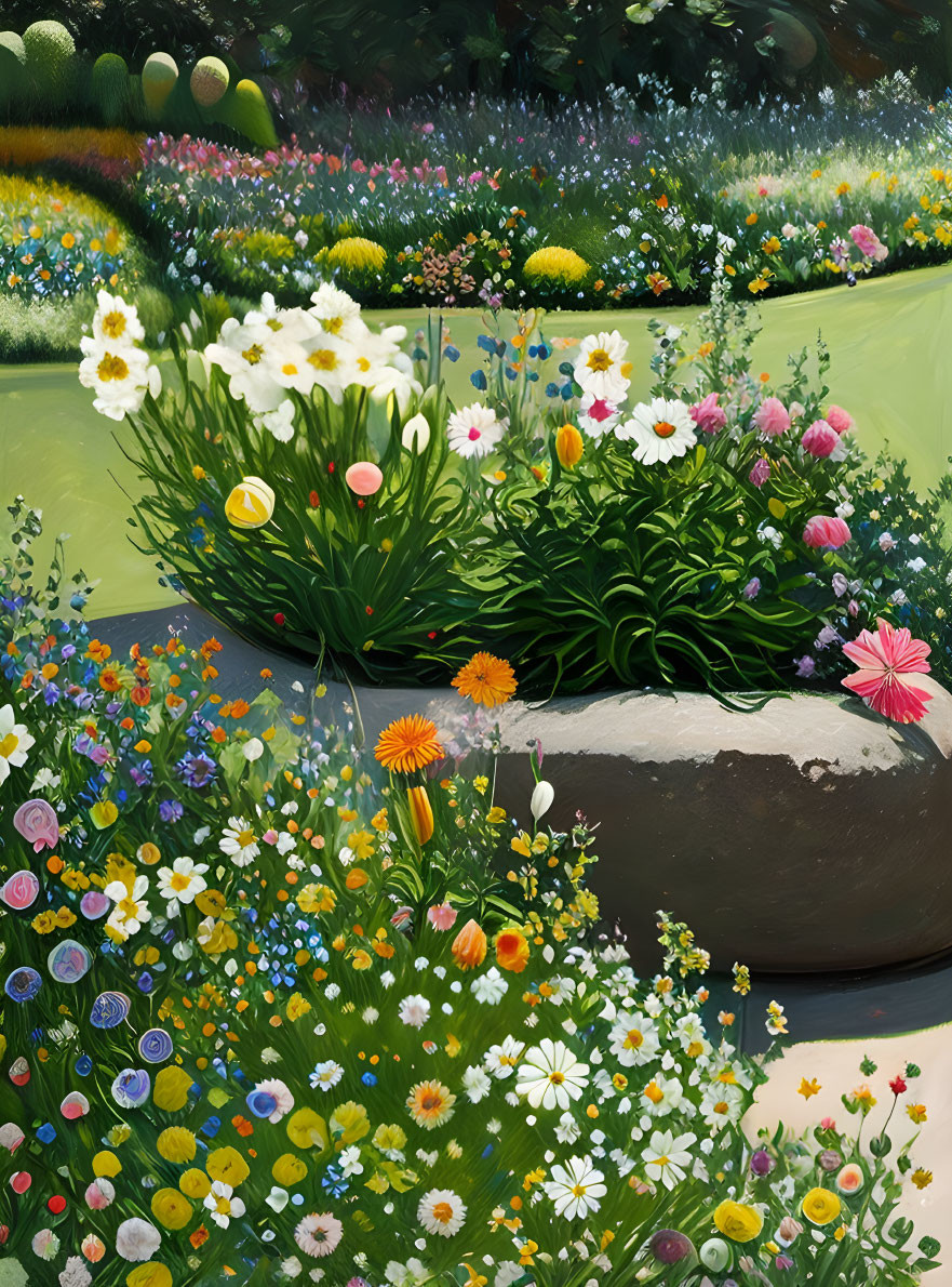 Colorful Flower Garden Painting with Various Blooming Species