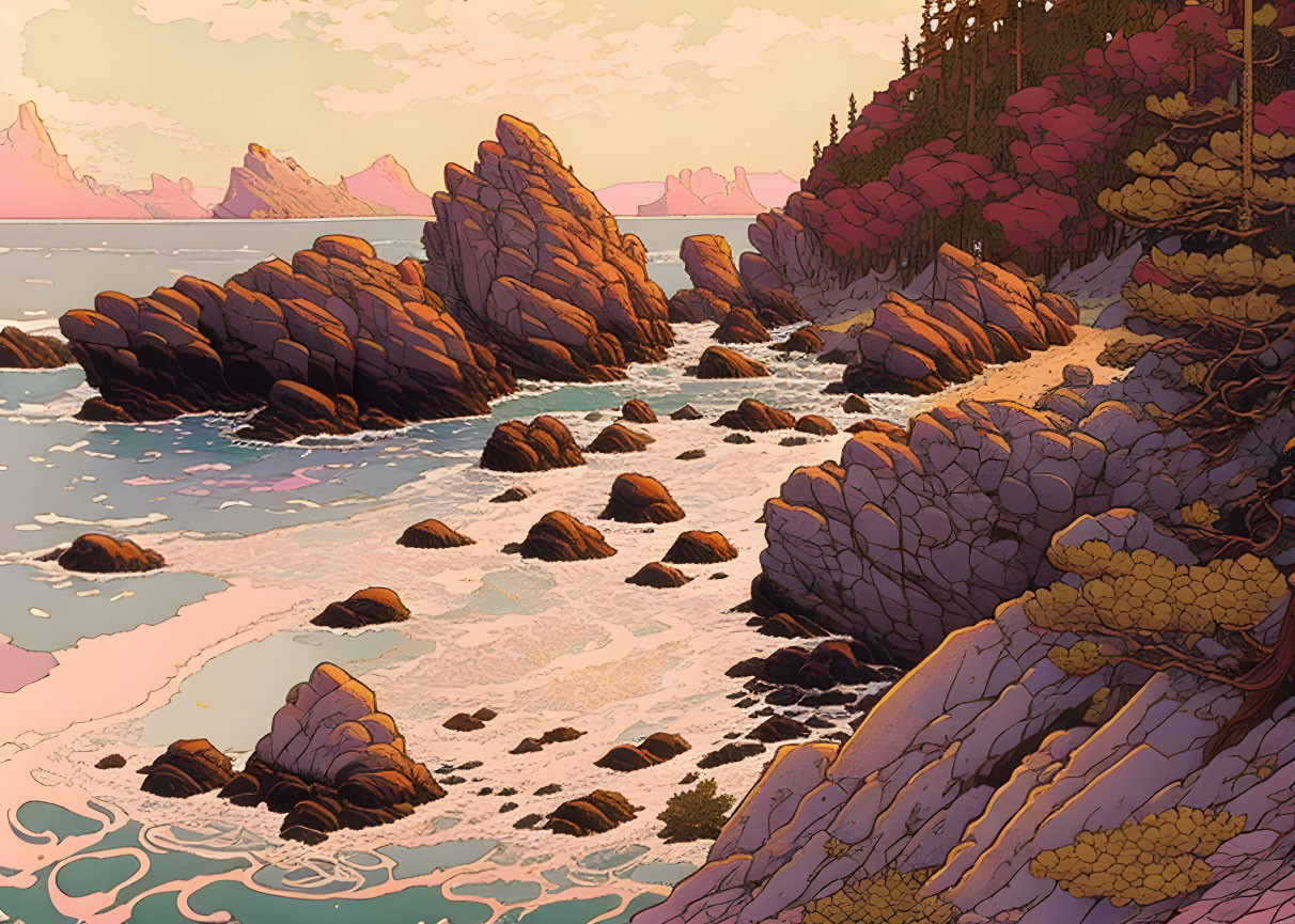 Tranquil coastal landscape at sunset with rocky cliffs and foamy waves