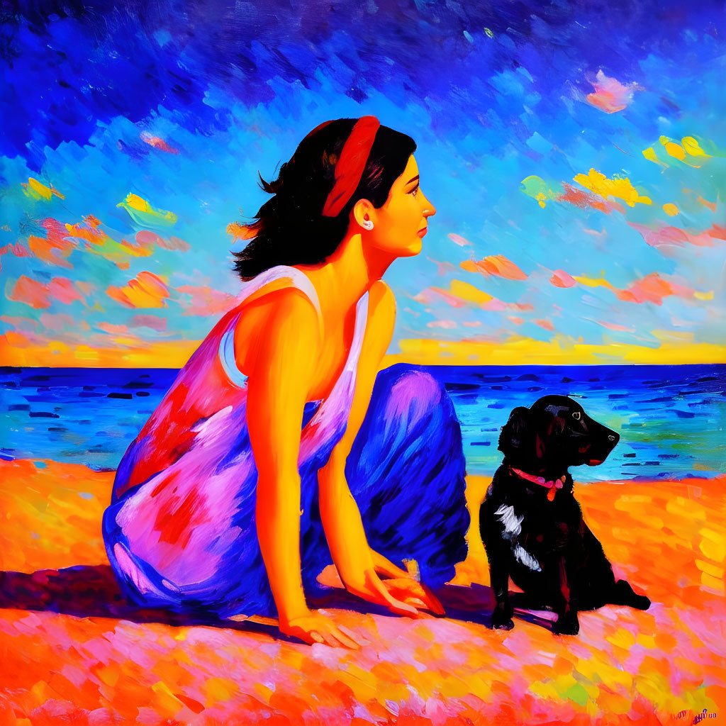 Woman in flowing dress with black dog on beach at sunset.