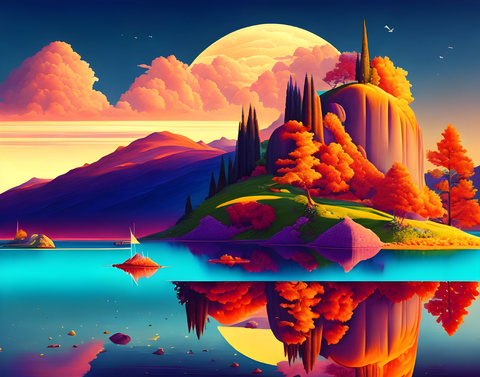 Digital Art: Orange Trees, Waterfall, Moon, Lake, Sailboats in Twilight Sky