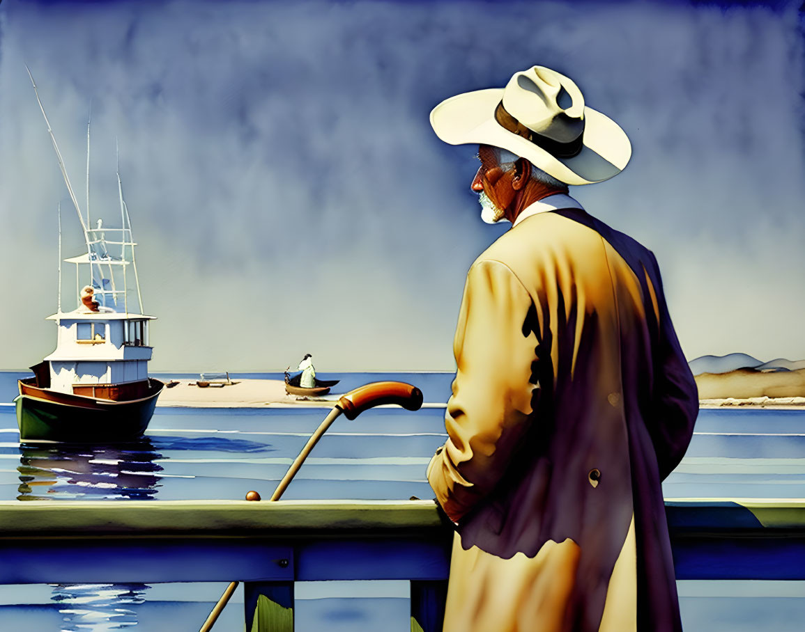 Elderly gentleman in elegant attire gazes at boat on pier.