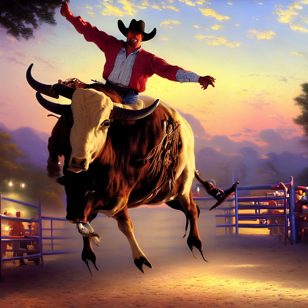 Cowboy riding bull at rodeo with sunset backdrop