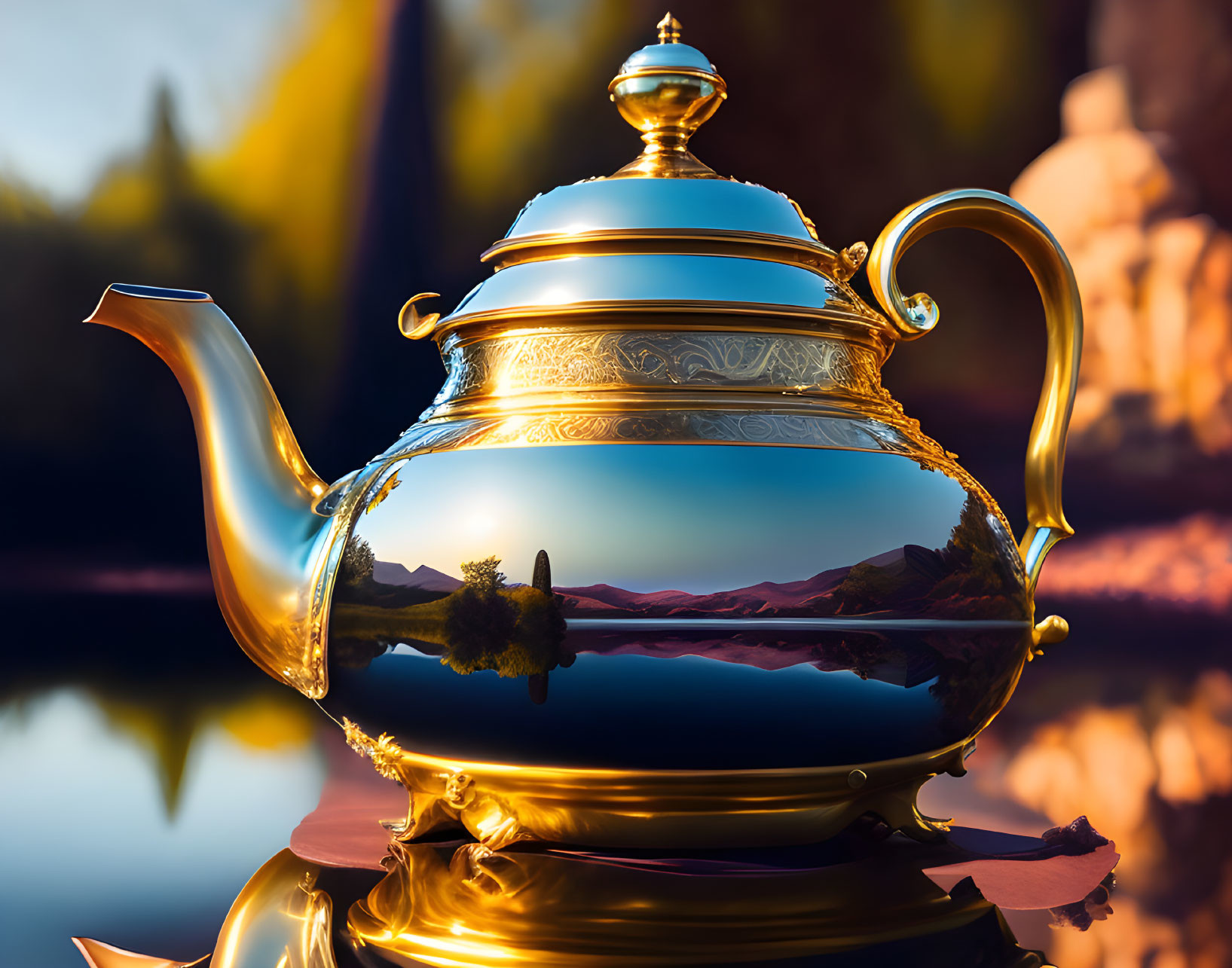 Golden teapot with intricate designs against blurred autumn landscape